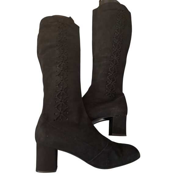 Crown Europa Navy Knee-High Suede Boots With Embroidered Detail Block Heel - Picture 1 of 12